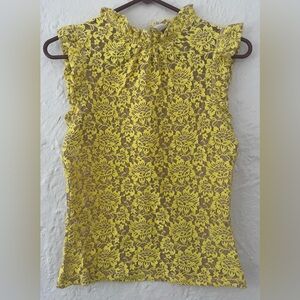 Anthropology Dolan Left Coast Yellow Lace Overlay Tank, Ruffle, Button; size S